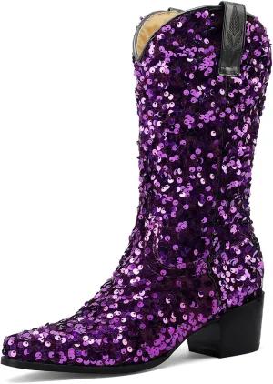 Women's Glitter Cowboy Boots Mid-Calf Chunky Heels Western Cowgirl Boots Sparkly Sequin Wedding Dress Shoes