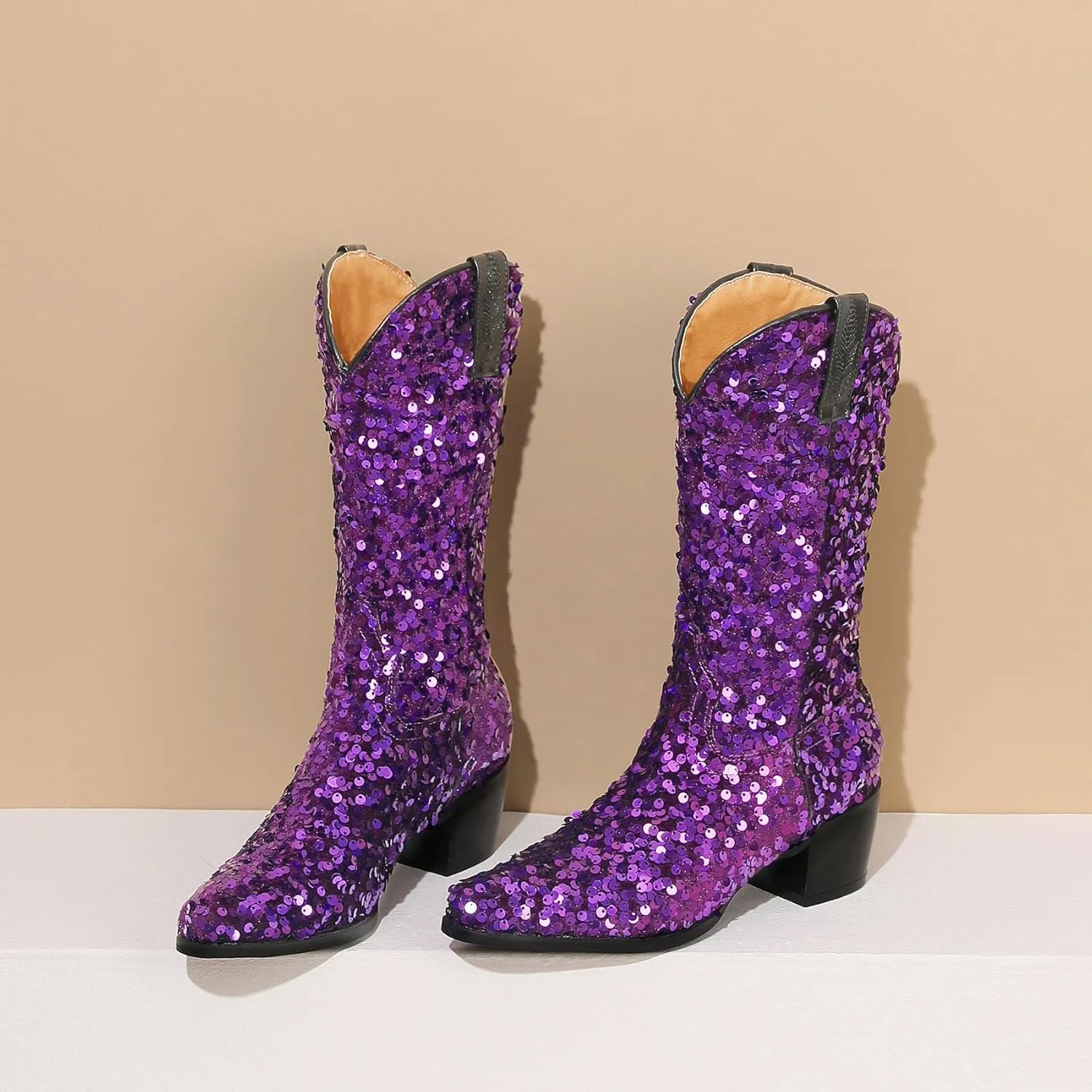 Women's Glitter Cowboy Boots Mid-Calf Chunky Heels Western Cowgirl Boots Sparkly Sequin Wedding Dress Shoes