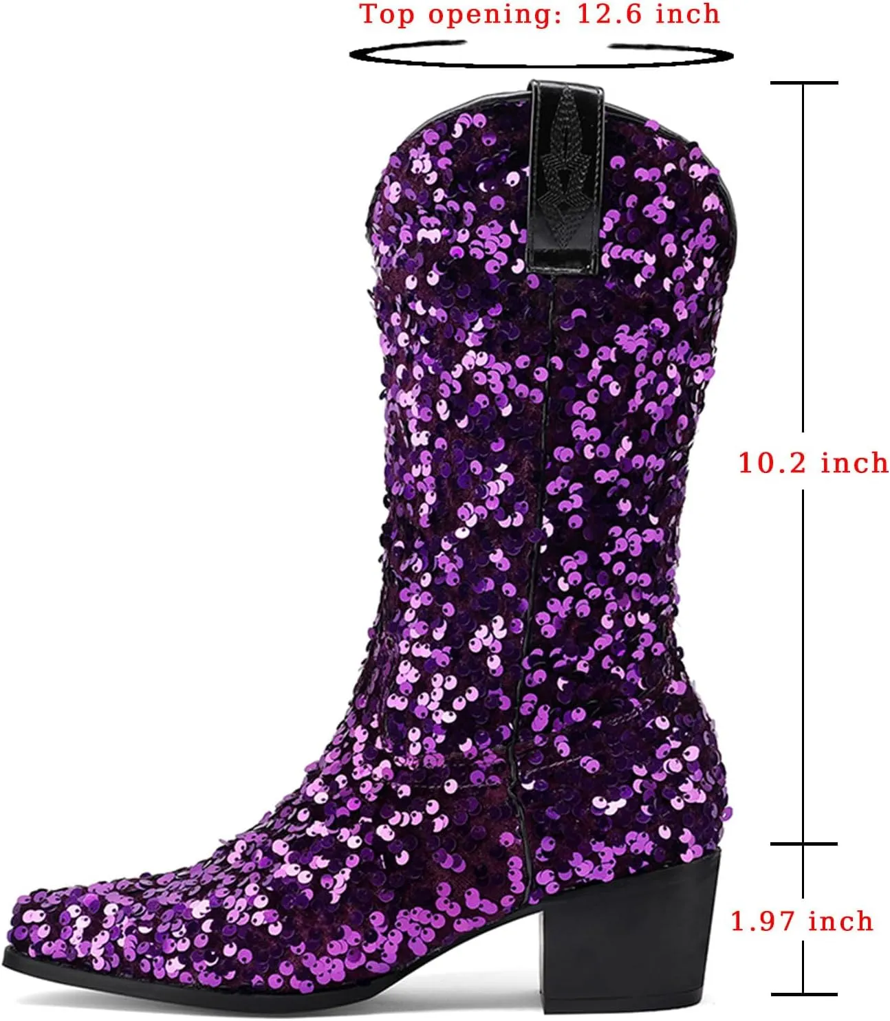 Women's Glitter Cowboy Boots Mid-Calf Chunky Heels Western Cowgirl Boots Sparkly Sequin Wedding Dress Shoes