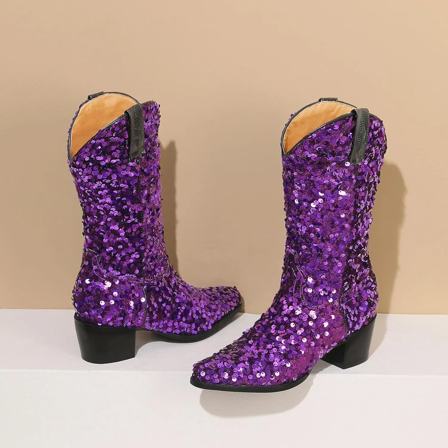 Women's Glitter Cowboy Boots Mid-Calf Chunky Heels Western Cowgirl Boots Sparkly Sequin Wedding Dress Shoes