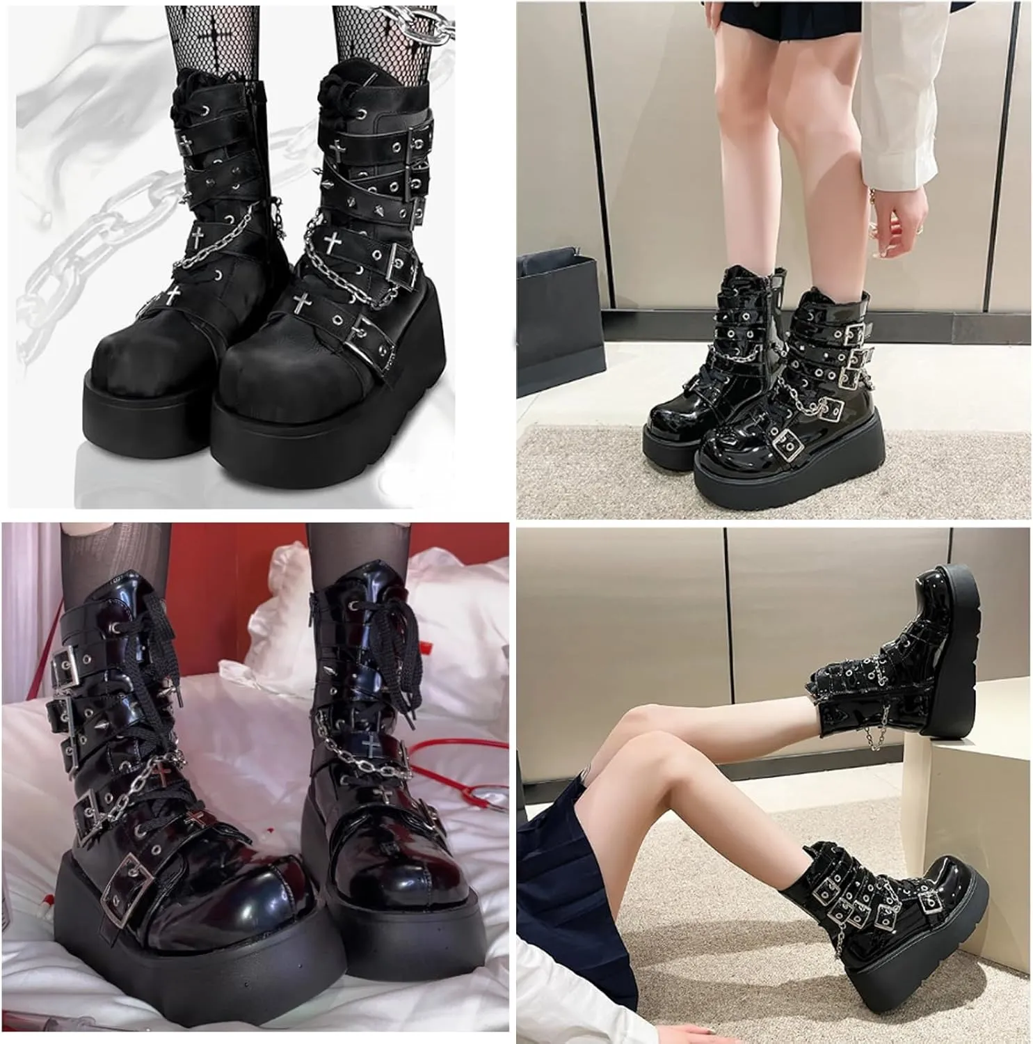 Women's Goth Platform Lace Up with Bat Wing Buckles Chunky Block Heels Round Toe Zipper Punk Motorcycle Combat Boots Comfy Short Gothic Booties