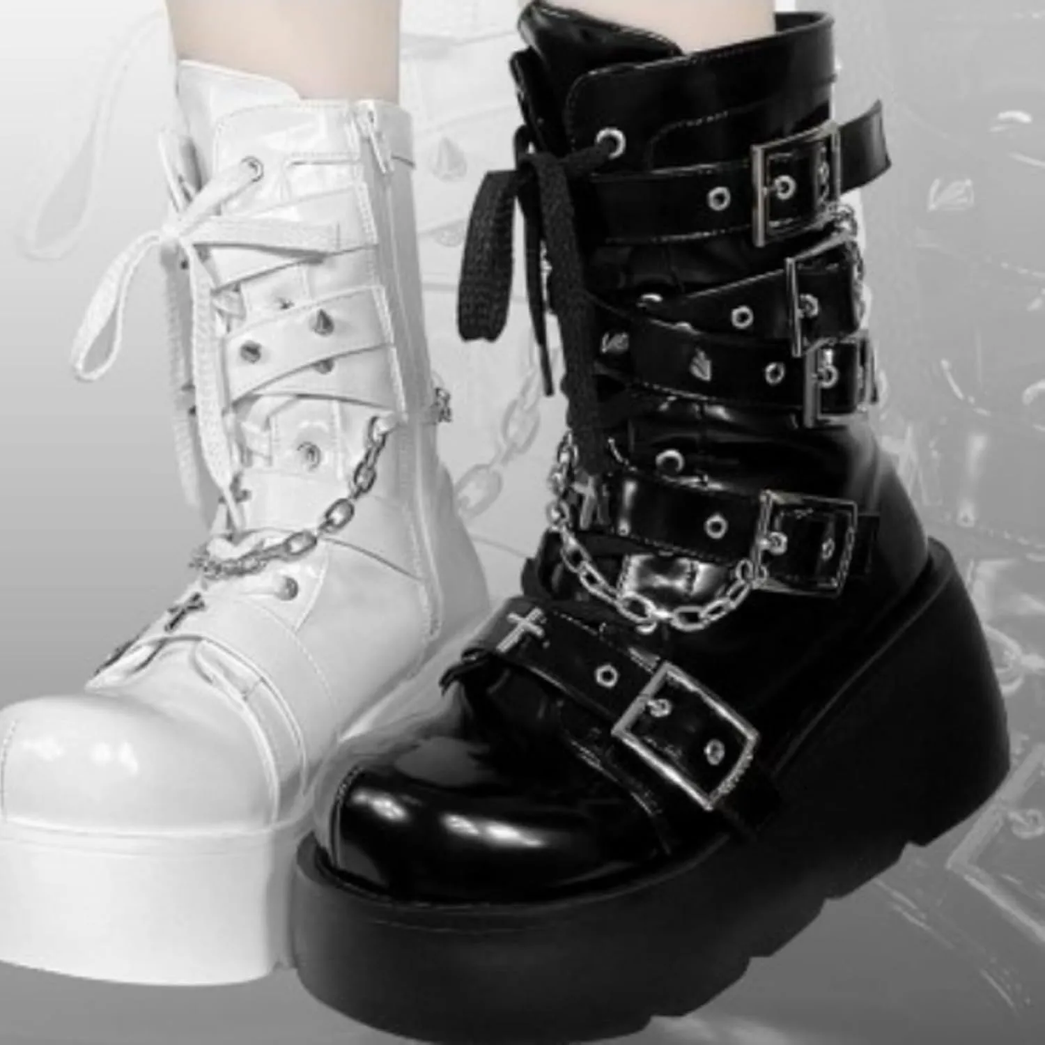 Women's Goth Platform Lace Up with Bat Wing Buckles Chunky Block Heels Round Toe Zipper Punk Motorcycle Combat Boots Comfy Short Gothic Booties