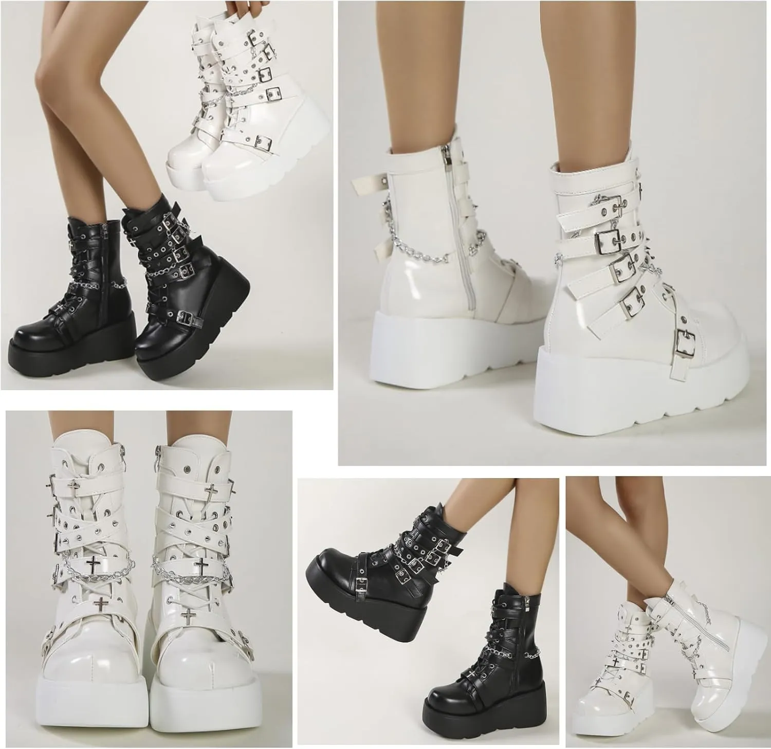 Women's Goth Platform Lace Up with Bat Wing Buckles Chunky Block Heels Round Toe Zipper Punk Motorcycle Combat Boots Comfy Short Gothic Booties
