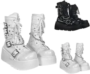 Women's Goth Platform Lace Up with Bat Wing Buckles Chunky Block Heels Round Toe Zipper Punk Motorcycle Combat Boots Comfy Short Gothic Booties