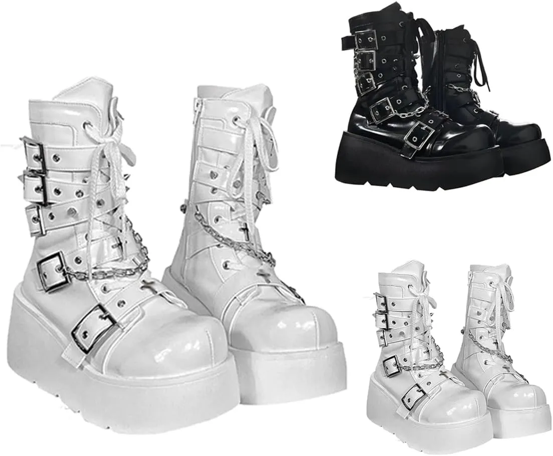 Women's Goth Platform Lace Up with Bat Wing Buckles Chunky Block Heels Round Toe Zipper Punk Motorcycle Combat Boots Comfy Short Gothic Booties