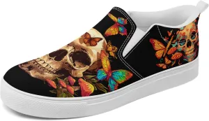 Women's Gothic Skull Slip Ons Sneakers Elastic Canvas Casual Loafers Rock &Punk Low Top Walking Shoes for Men