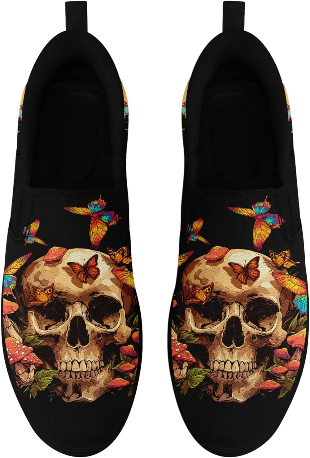 Women's Gothic Skull Slip Ons Sneakers Elastic Canvas Casual Loafers Rock &Punk Low Top Walking Shoes for Men