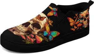 Women's Gothic Skull Slip Ons Sneakers Elastic Canvas Casual Loafers Rock &Punk Low Top Walking Shoes for Men