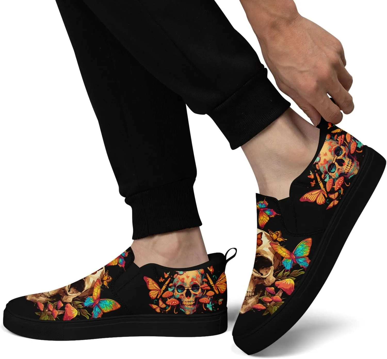 Women's Gothic Skull Slip Ons Sneakers Elastic Canvas Casual Loafers Rock &Punk Low Top Walking Shoes for Men