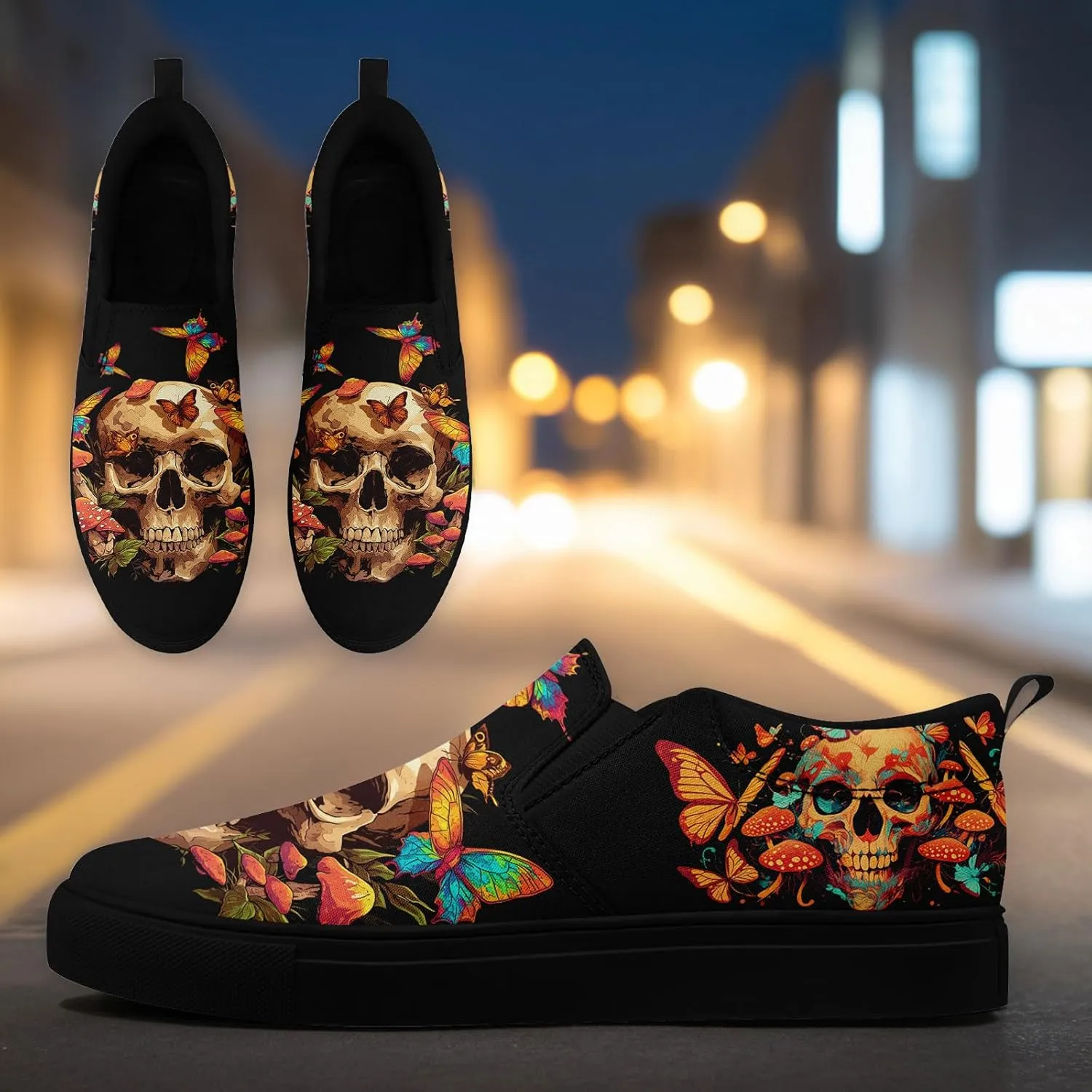 Women's Gothic Skull Slip Ons Sneakers Elastic Canvas Casual Loafers Rock &Punk Low Top Walking Shoes for Men