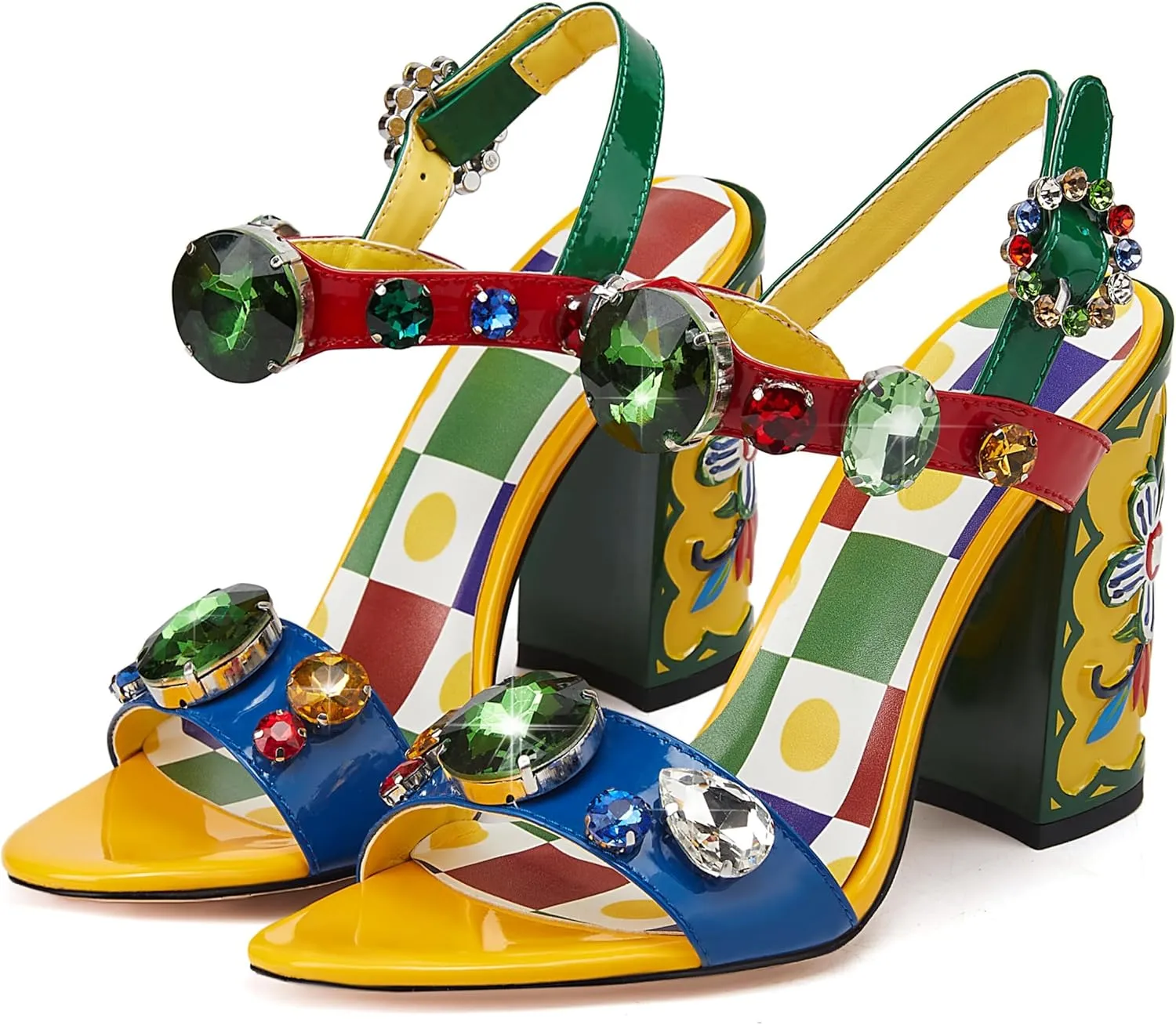 Women's Hand-Painted High Heels Gemstone Sandals Open Toe Chunky Heeled Bohemian Ethnic Style Pumps Fashion Ankle Buckle Sandals