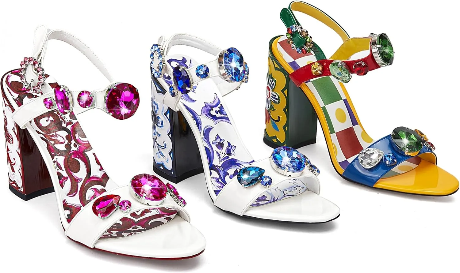 Women's Hand-Painted High Heels Gemstone Sandals Open Toe Chunky Heeled Bohemian Ethnic Style Pumps Fashion Ankle Buckle Sandals