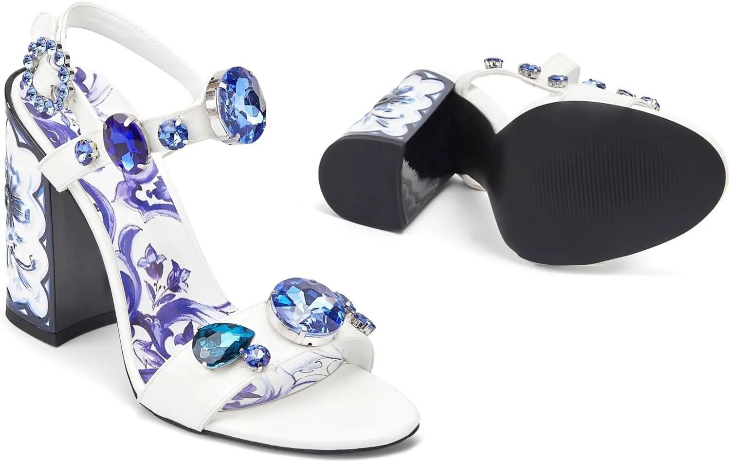 Women's Hand-Painted High Heels Gemstone Sandals Open Toe Chunky Heeled Bohemian Ethnic Style Pumps Fashion Ankle Buckle Sandals