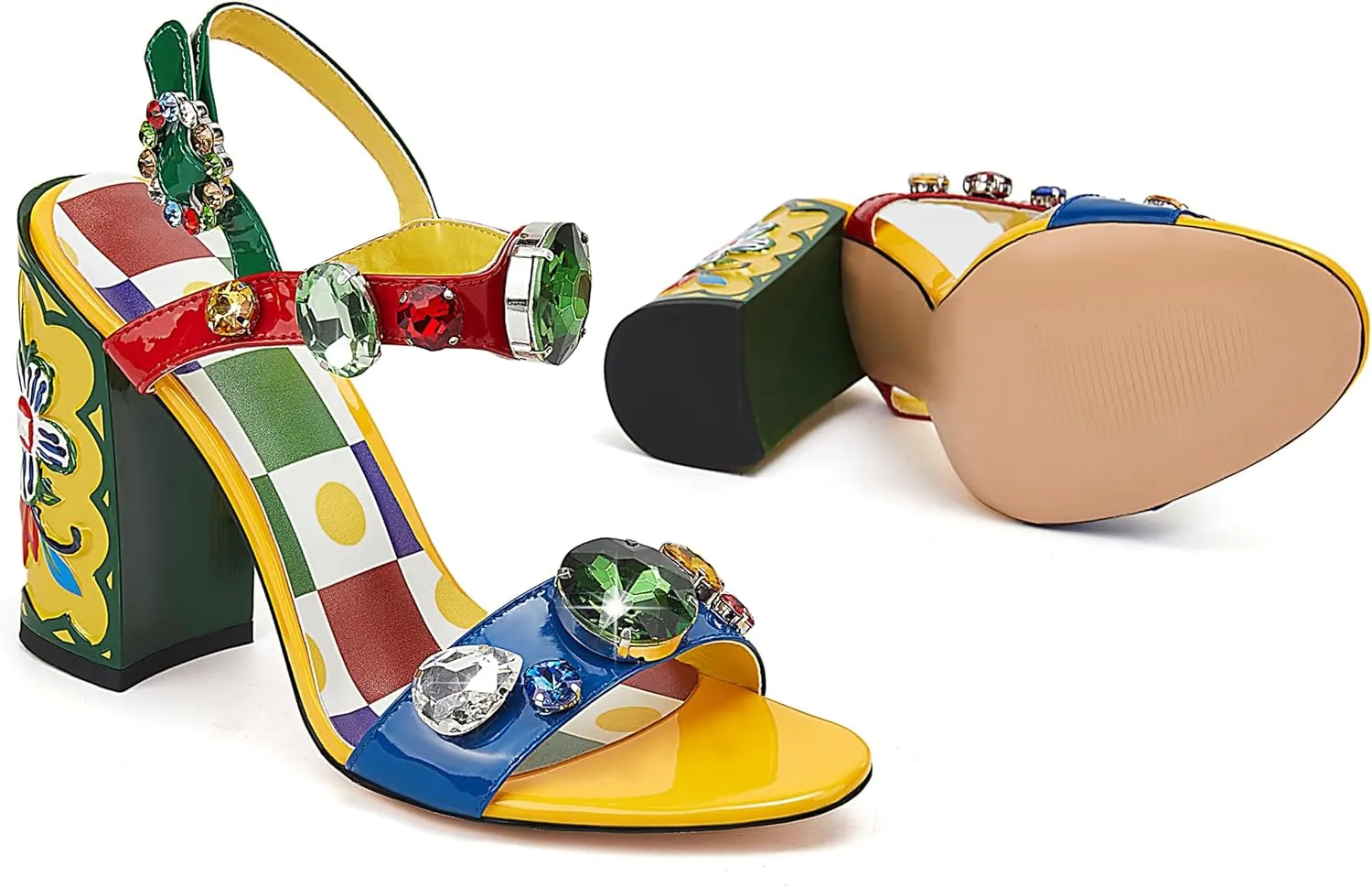 Women's Hand-Painted High Heels Gemstone Sandals Open Toe Chunky Heeled Bohemian Ethnic Style Pumps Fashion Ankle Buckle Sandals