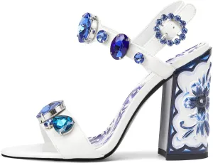 Women's Hand-Painted High Heels Gemstone Sandals Open Toe Chunky Heeled Bohemian Ethnic Style Pumps Fashion Ankle Buckle Sandals