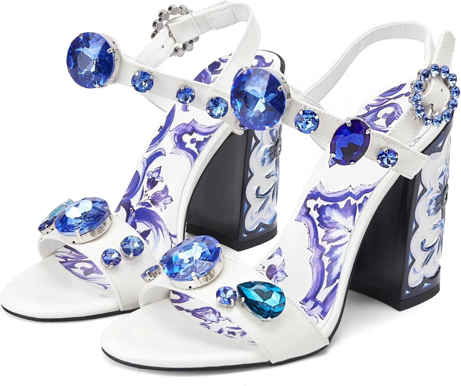 Women's Hand-Painted High Heels Gemstone Sandals Open Toe Chunky Heeled Bohemian Ethnic Style Pumps Fashion Ankle Buckle Sandals