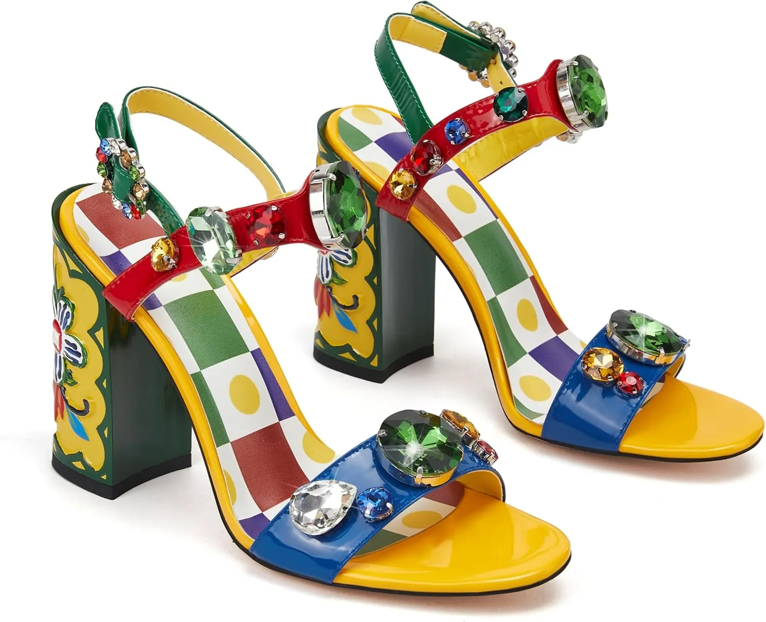 Women's Hand-Painted High Heels Gemstone Sandals Open Toe Chunky Heeled Bohemian Ethnic Style Pumps Fashion Ankle Buckle Sandals