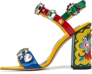 Women's Hand-Painted High Heels Gemstone Sandals Open Toe Chunky Heeled Bohemian Ethnic Style Pumps Fashion Ankle Buckle Sandals