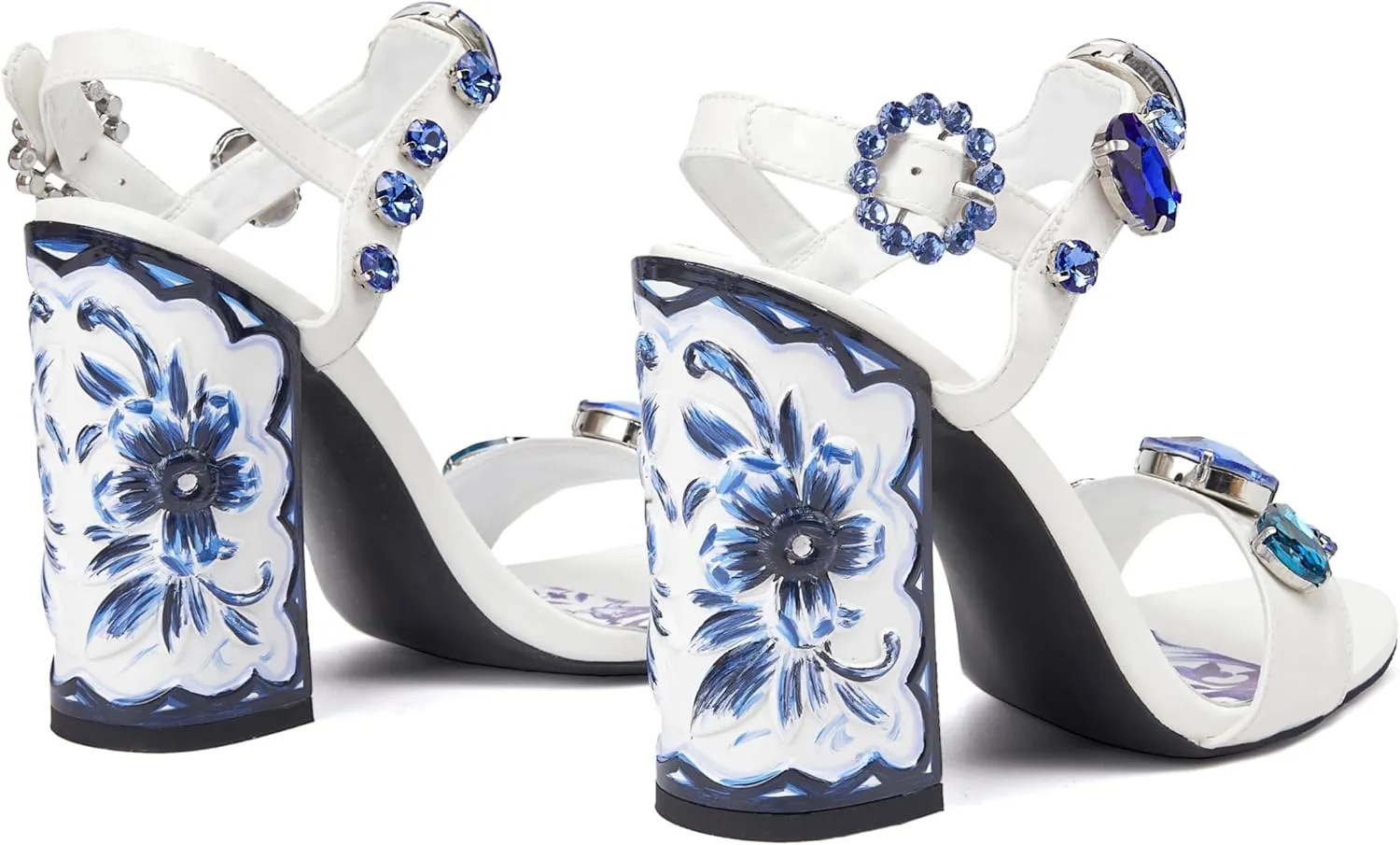 Women's Hand-Painted High Heels Gemstone Sandals Open Toe Chunky Heeled Bohemian Ethnic Style Pumps Fashion Ankle Buckle Sandals