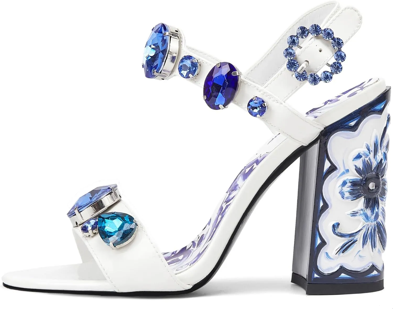 Women's Hand-Painted High Heels Gemstone Sandals Open Toe Chunky Heeled Bohemian Ethnic Style Pumps Fashion Ankle Buckle Sandals