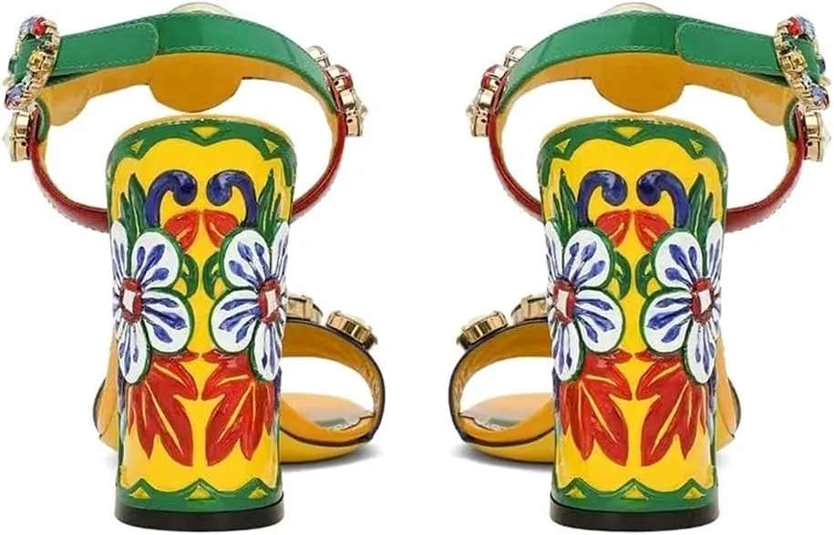 Women's Hand-Painted High Heels Gemstone Sandals Open Toe Chunky Heeled Bohemian Ethnic Style Pumps Fashion Ankle Buckle Sandals