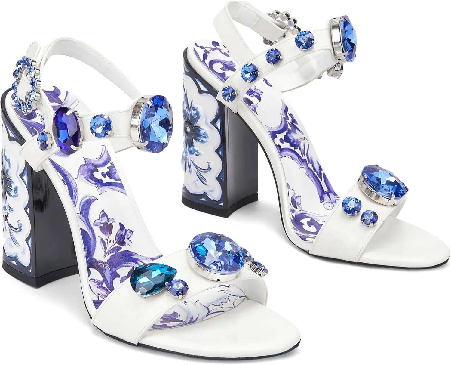 Women's Hand-Painted High Heels Gemstone Sandals Open Toe Chunky Heeled Bohemian Ethnic Style Pumps Fashion Ankle Buckle Sandals