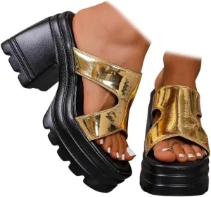Women's Heels Sandals Peep Toe Slip On Sparkly Orthopedic Block Platform Sandal Slingback Mid Heeled Casual Summer Comfy Shoes