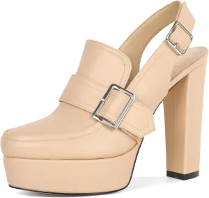 Women's High Heel Loafers Platform Pumps Round Toe Heels Chunky Heel Pumps Stylish Comfortable 4.8 Inch Slingback Heels