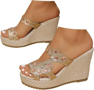Women's High Heel Wedge Sandals 2025 Summer Fashion Rhinestone Espadrilles Open Toe Slingback Comfortable Slippers Casual Comfortable Summer Backless Mules Slide Walking Shoes