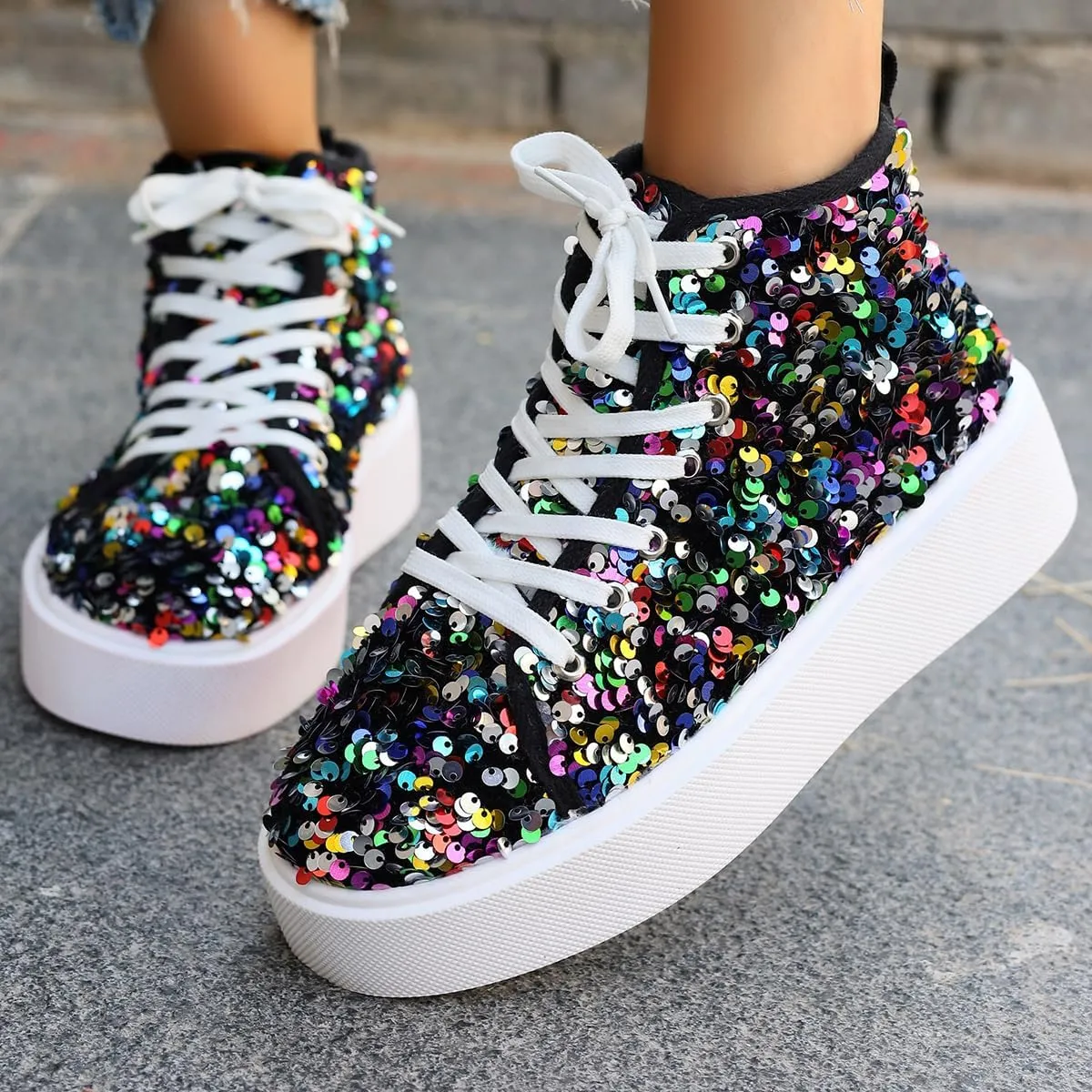 Women's High Top Canvas Shoes Casual Lace up Fashion Sneaker Shoes Rhinestone Bling Wedding Bridal Shoes Shiny Sequin Shoes
