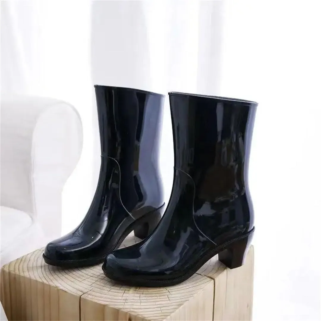 Women's High Top Mid-Calf Rain Soft Sole Non Slip Square Heel Waterproof Flower Work Shoes