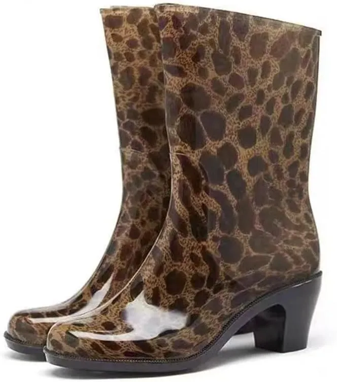 Women's High Top Mid-Calf Rain Soft Sole Non Slip Square Heel Waterproof Flower Work Shoes