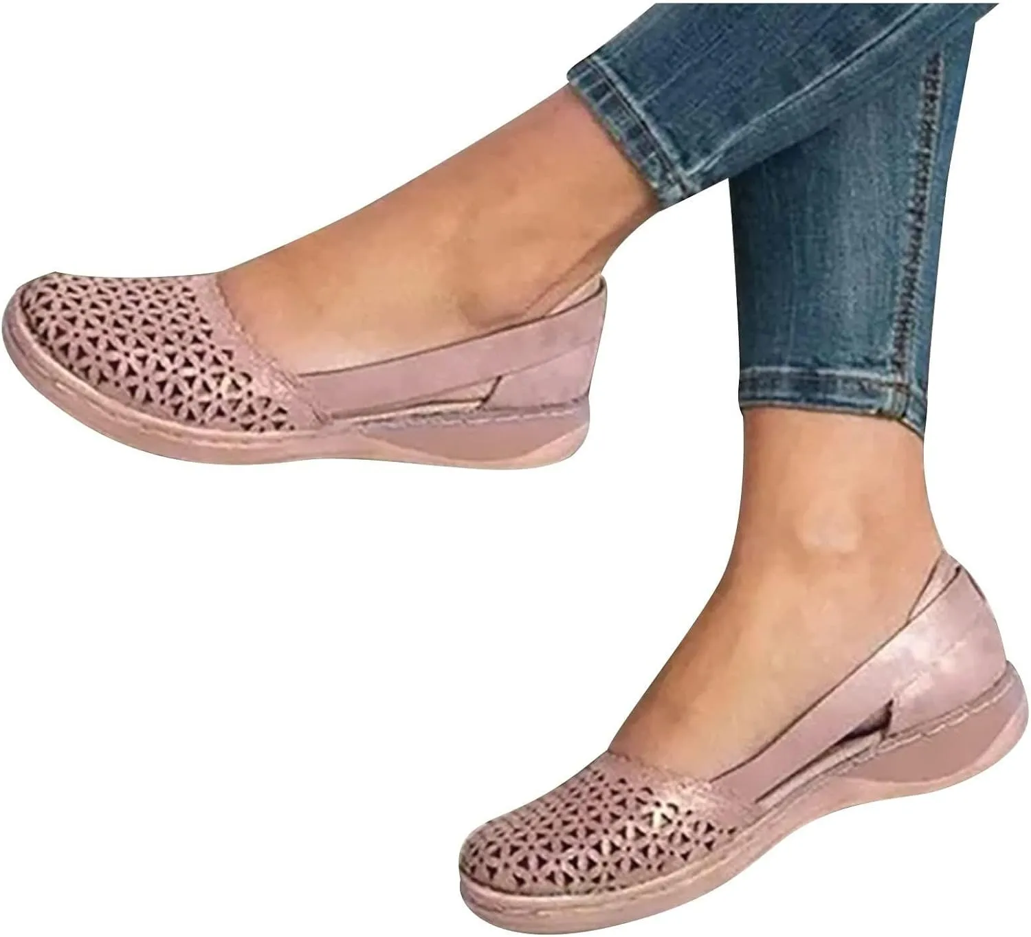 Womens Hollow Ballet Flats Round Toe Slip On Shoes Light Weight Comfort Sandals Retro Low Heels Shoe Vintage Leather Sandal Casual Walking Mary Janes Shoes with Breathable Eyelets