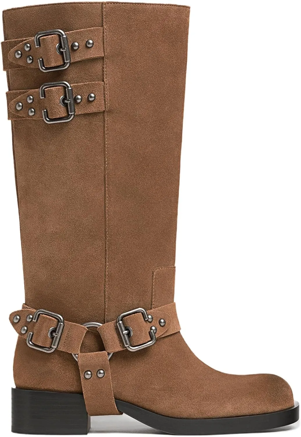 Women's Knee High Adjustable Riding Boots Muti Buckle Strap Square Toe Wedge Boots For Women Motorcycle Punk Pull On Boots