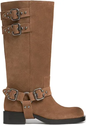 Women's Knee High Adjustable Riding Boots Muti Buckle Strap Square Toe Wedge Boots For Women Motorcycle Punk Pull On Boots