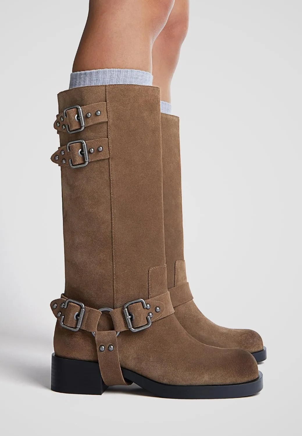 Women's Knee High Adjustable Riding Boots Muti Buckle Strap Square Toe Wedge Boots For Women Motorcycle Punk Pull On Boots