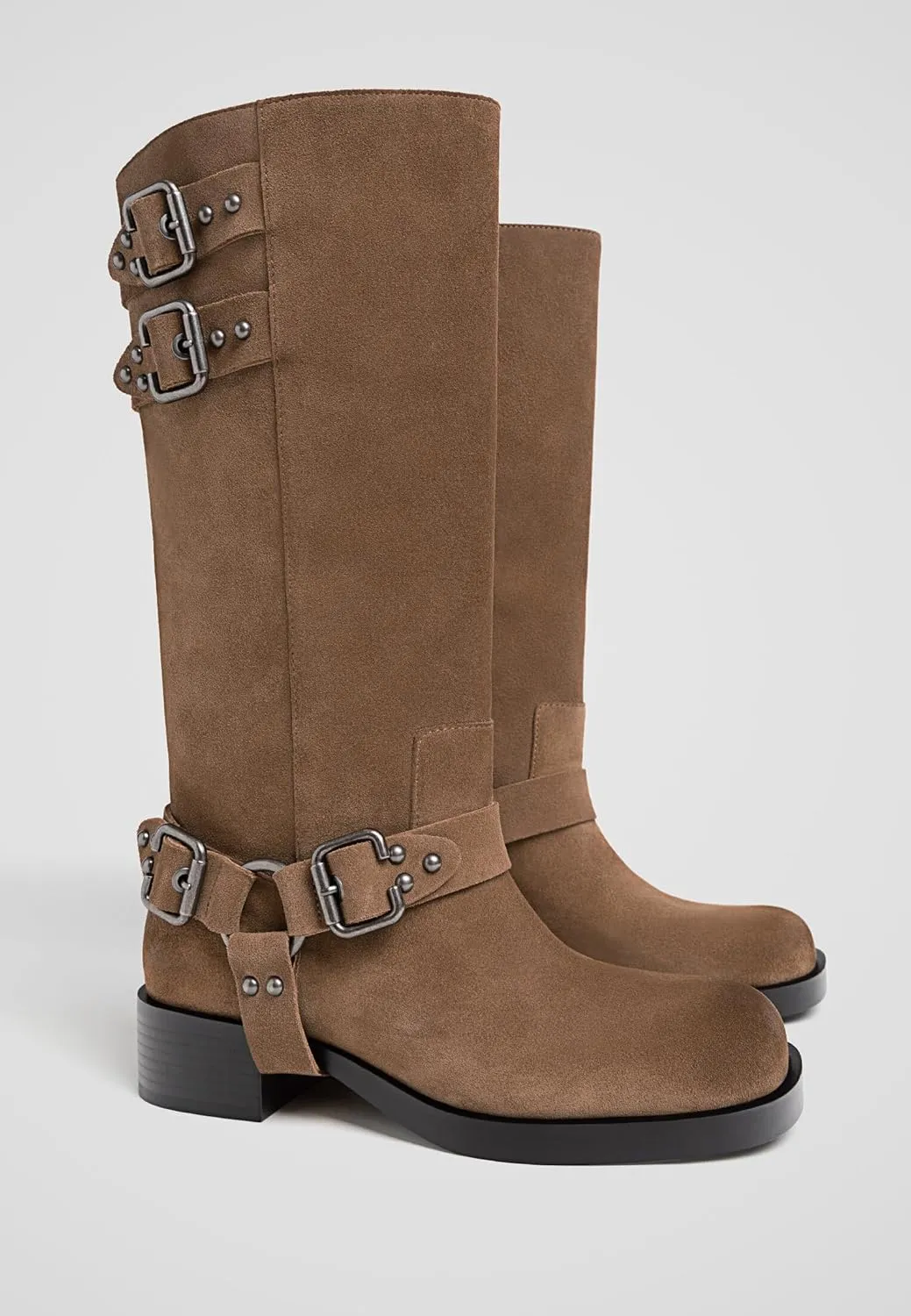 Women's Knee High Adjustable Riding Boots Muti Buckle Strap Square Toe Wedge Boots For Women Motorcycle Punk Pull On Boots