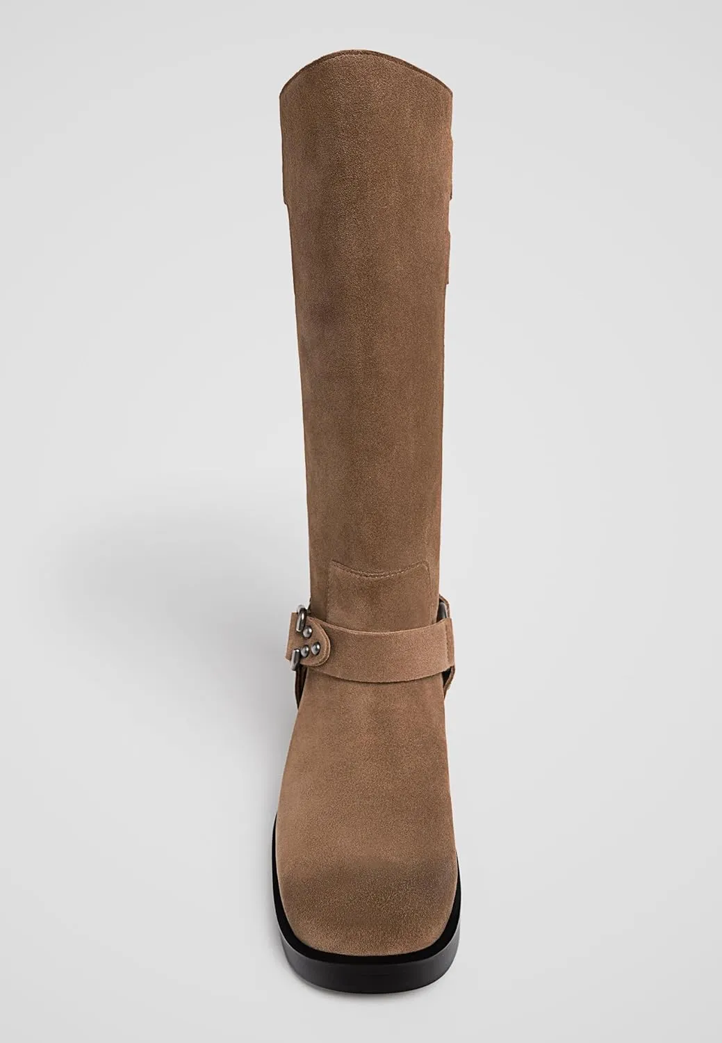 Women's Knee High Adjustable Riding Boots Muti Buckle Strap Square Toe Wedge Boots For Women Motorcycle Punk Pull On Boots