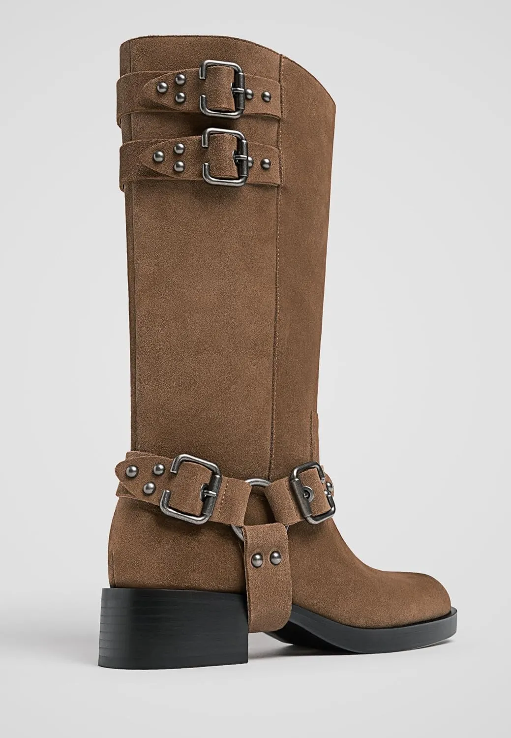 Women's Knee High Adjustable Riding Boots Muti Buckle Strap Square Toe Wedge Boots For Women Motorcycle Punk Pull On Boots