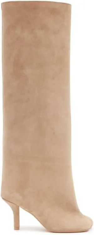 Women's Knee High Boots Green Suede Wide Calf Stiletto Long Booties Square Toe Pull On High Heel Riding Boots for Women Ladies Fashion Dress Tall Boots