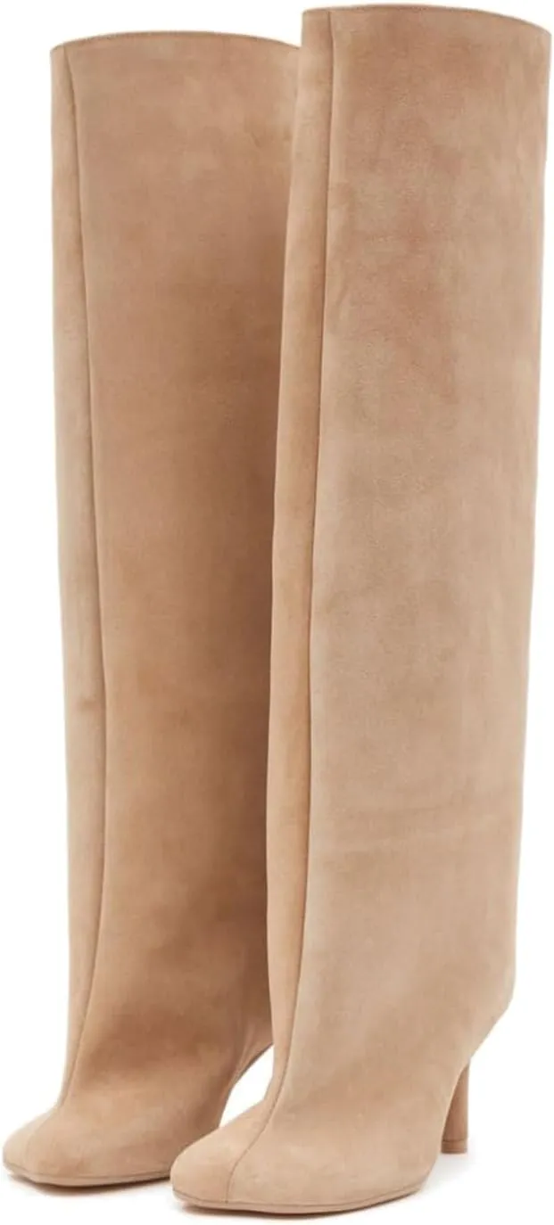 Women's Knee High Boots Green Suede Wide Calf Stiletto Long Booties Square Toe Pull On High Heel Riding Boots for Women Ladies Fashion Dress Tall Boots