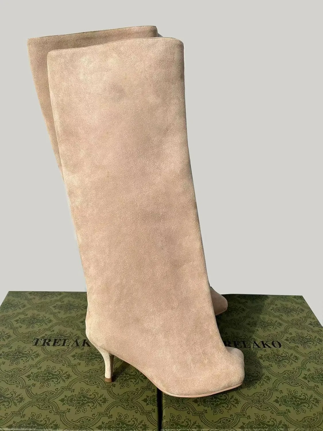 Women's Knee High Boots Green Suede Wide Calf Stiletto Long Booties Square Toe Pull On High Heel Riding Boots for Women Ladies Fashion Dress Tall Boots