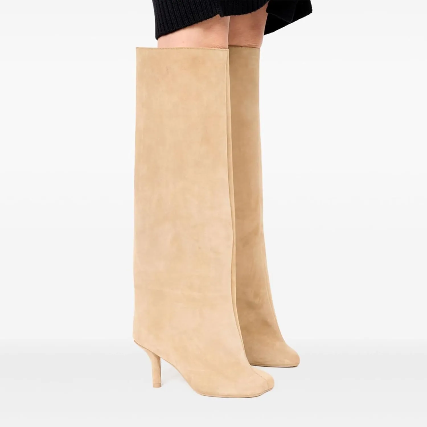 Women's Knee High Boots Green Suede Wide Calf Stiletto Long Booties Square Toe Pull On High Heel Riding Boots for Women Ladies Fashion Dress Tall Boots