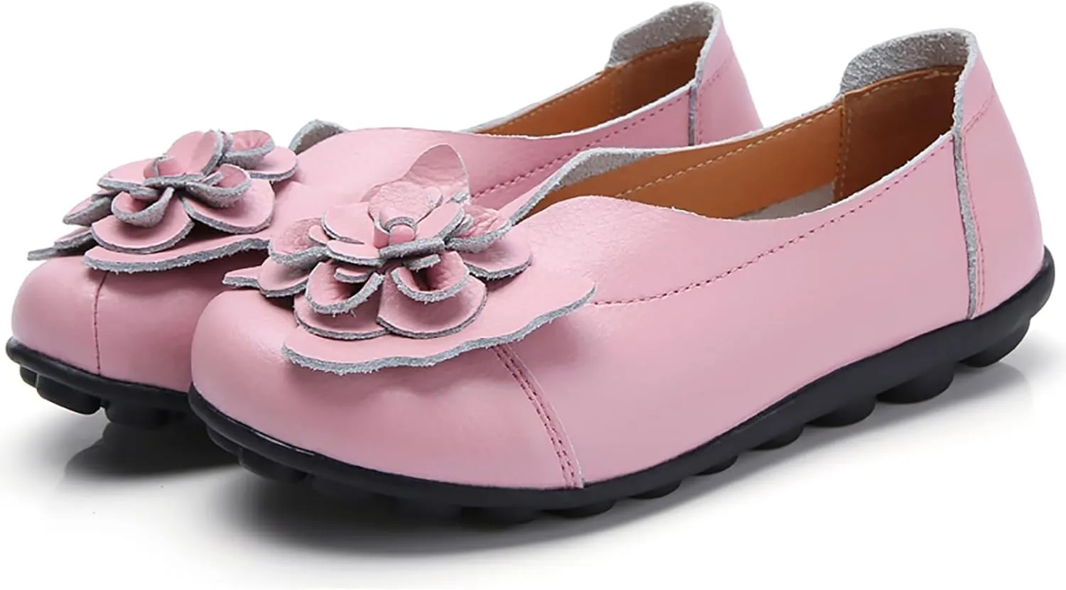 Women's Leather Flowers Loafers Lightweight Comfortable Round Toe Soft Bottom Walking Shoes Summer Casual Slip On Moccasins Driving Flats Outdoor Work Shoes