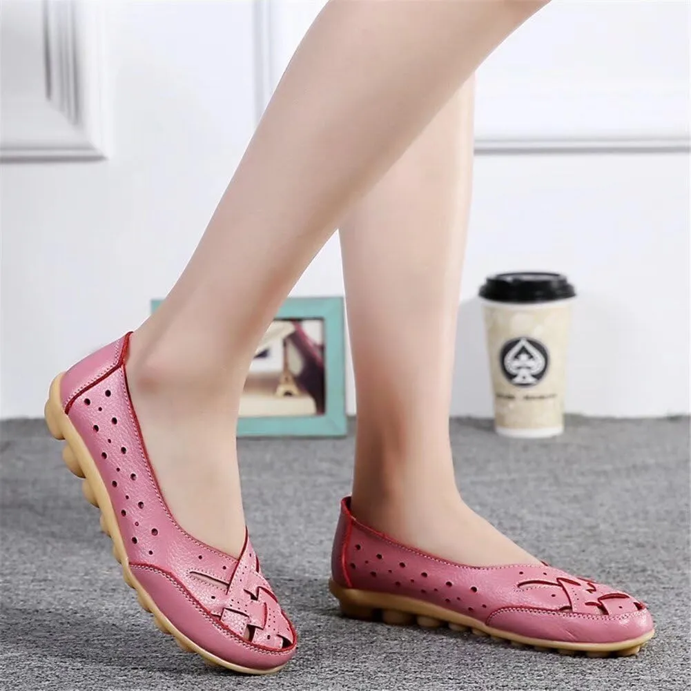 Womens Leather Loafers Hollow Out Breathable Soft Flats Slip on Casual Sandals Lightweight Round Toe Fashion Summer Sandals Comfortable Driving Walking Shoes