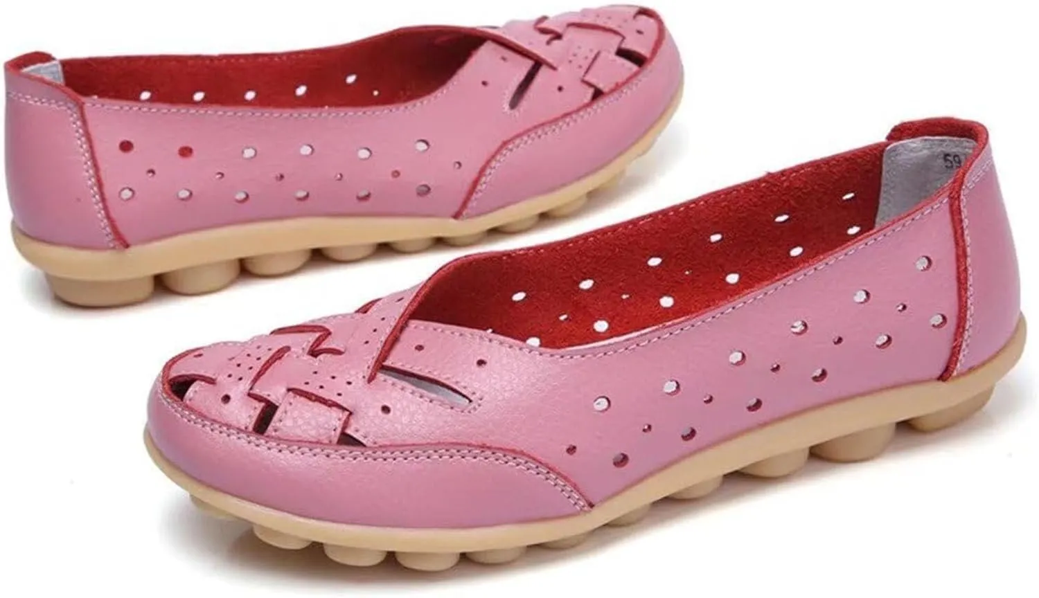 Womens Leather Loafers Hollow Out Breathable Soft Flats Slip on Casual Sandals Lightweight Round Toe Fashion Summer Sandals Comfortable Driving Walking Shoes