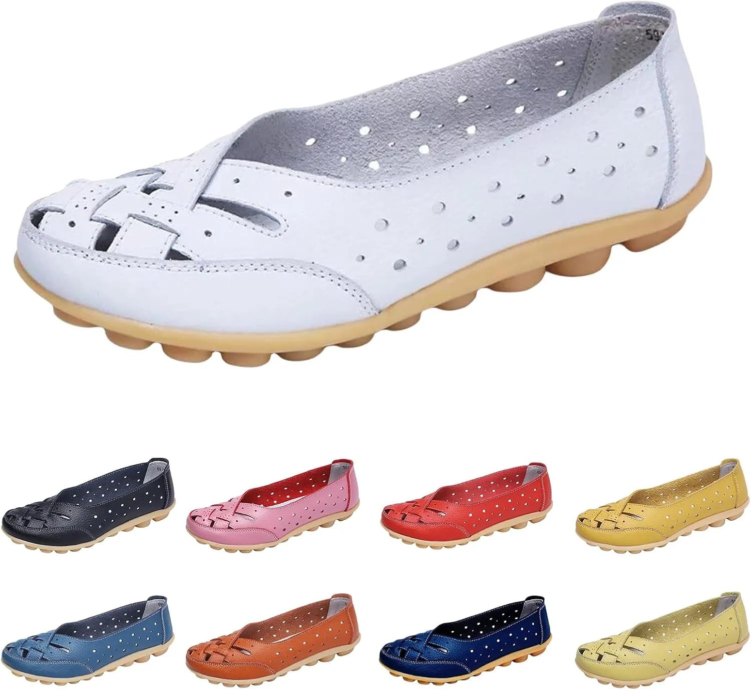 Womens Leather Loafers Hollow Out Breathable Soft Flats Slip on Casual Sandals Lightweight Round Toe Fashion Summer Sandals Comfortable Driving Walking Shoes