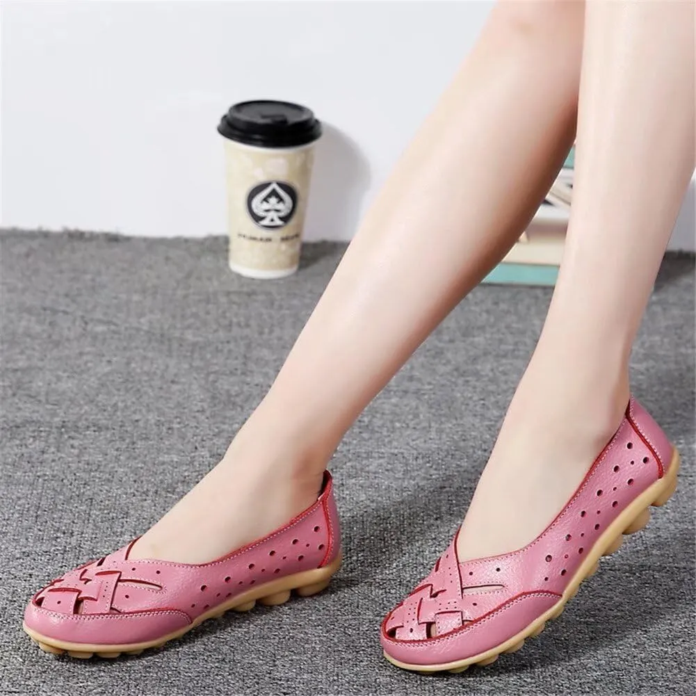 Womens Leather Loafers Hollow Out Breathable Soft Flats Slip on Casual Sandals Lightweight Round Toe Fashion Summer Sandals Comfortable Driving Walking Shoes