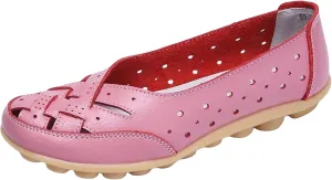 Womens Leather Loafers Hollow Out Breathable Soft Flats Slip on Casual Sandals Lightweight Round Toe Fashion Summer Sandals Comfortable Driving Walking Shoes