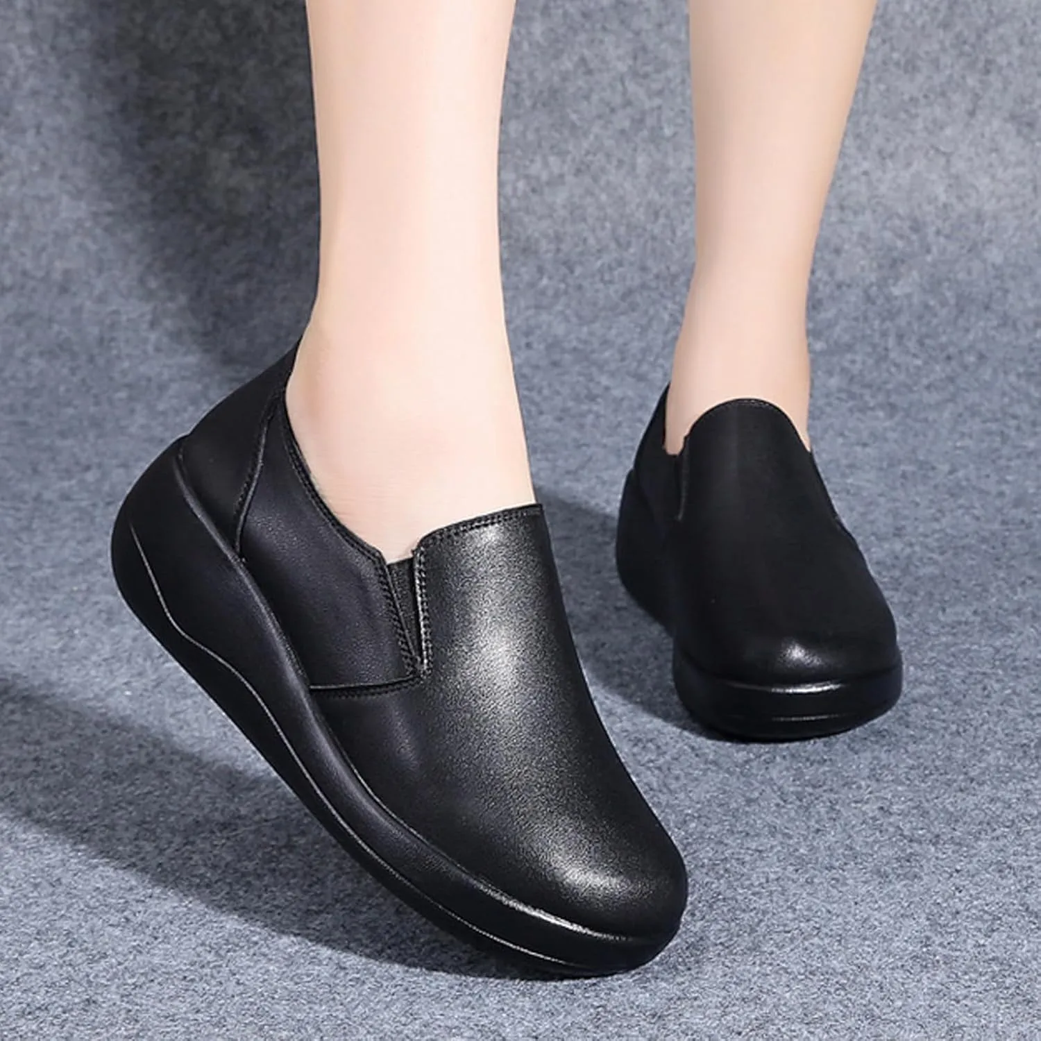Women's Leather Rocker Loafers Comfort Round Toe Non Slip Slip-On Platform Walking Shoes Casual Outdoor Mom Shoes